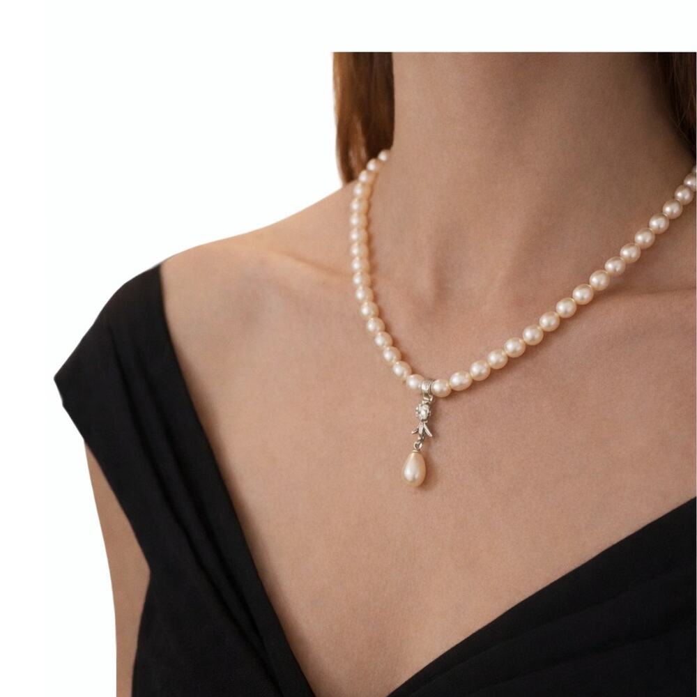 vintage faux pearl necklace with drop pendant jewelry elegant evening 18K GP